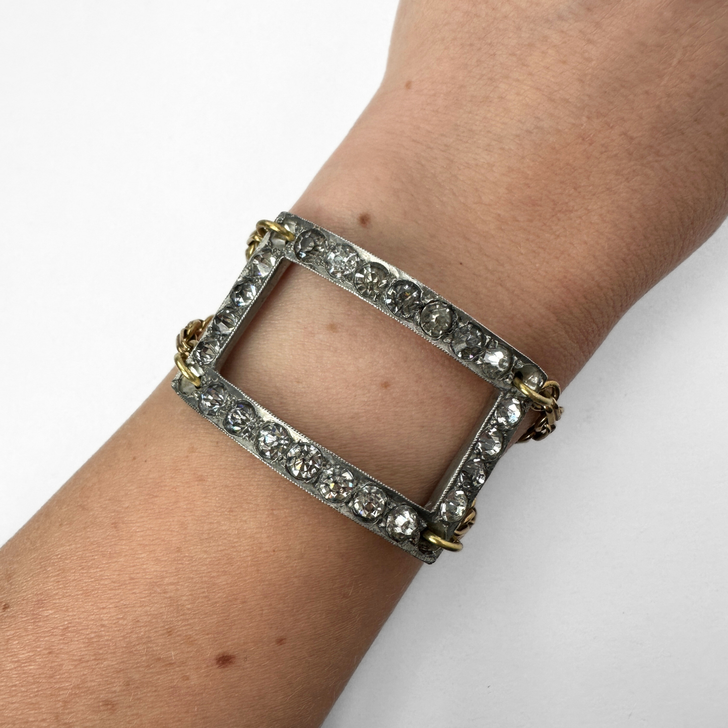 Repurposed vintage Rhinestone open buckle bracelet with brass rolo chain