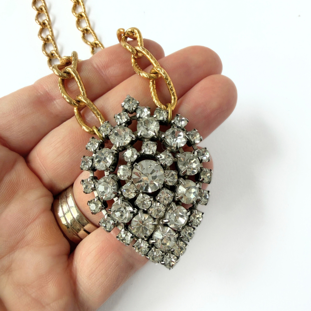 Large refashioned vintage clear rhinestone pendant necklace