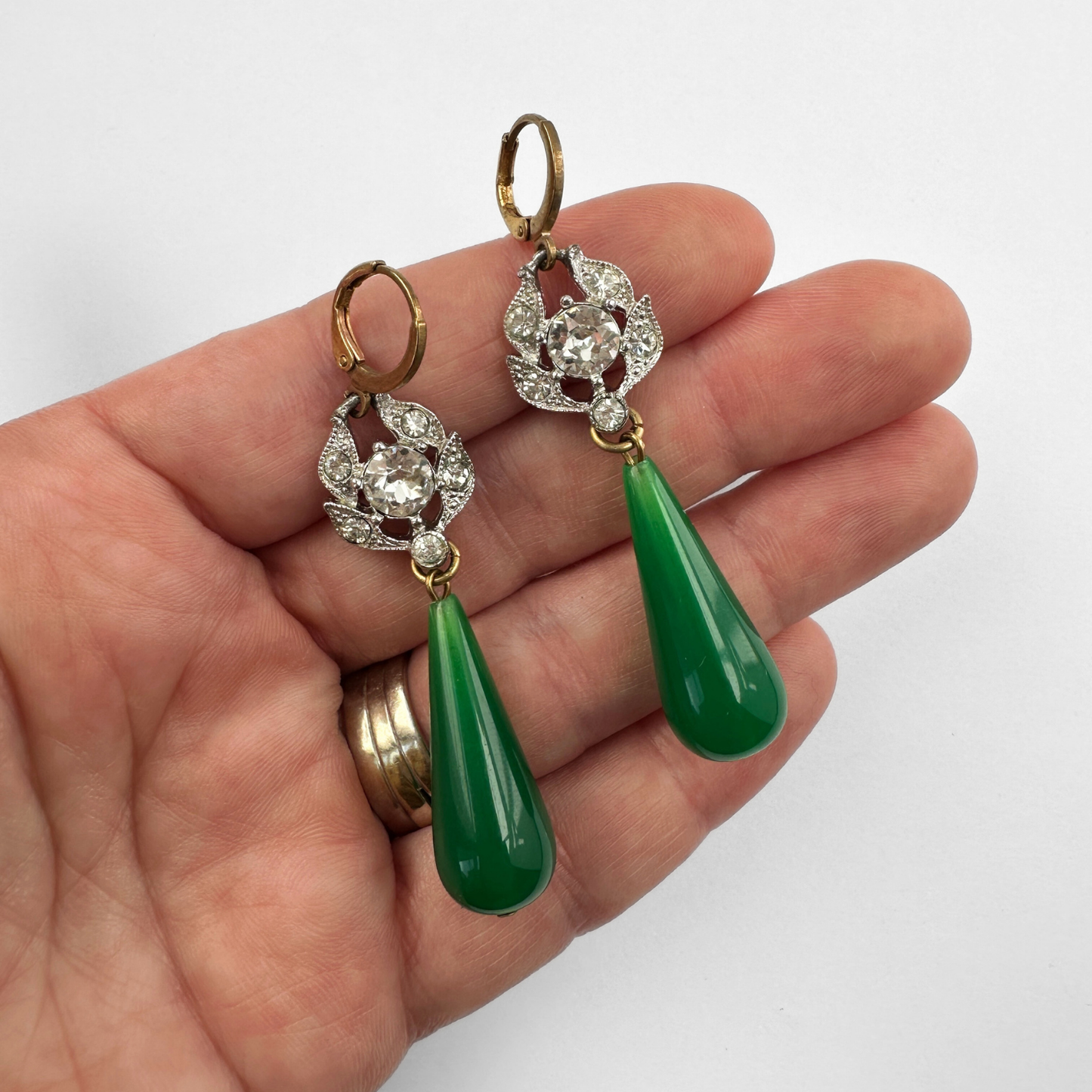 Repurposed vintage rhinestone link earrings with large green lucite drops