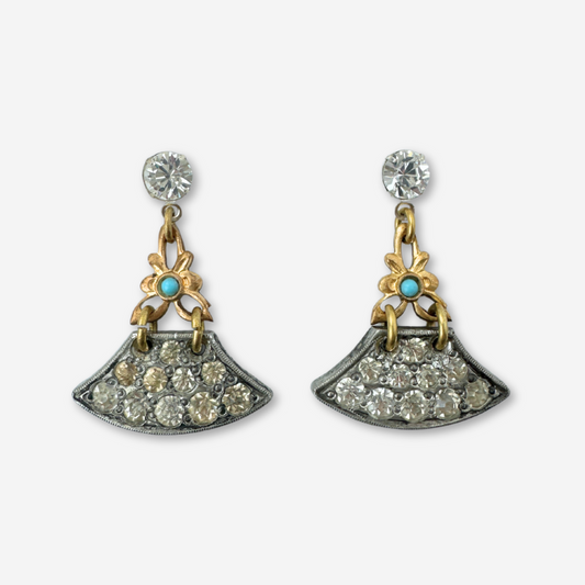 Refashioned vintage clear rhinestone deco earrings with brass and turquoise link