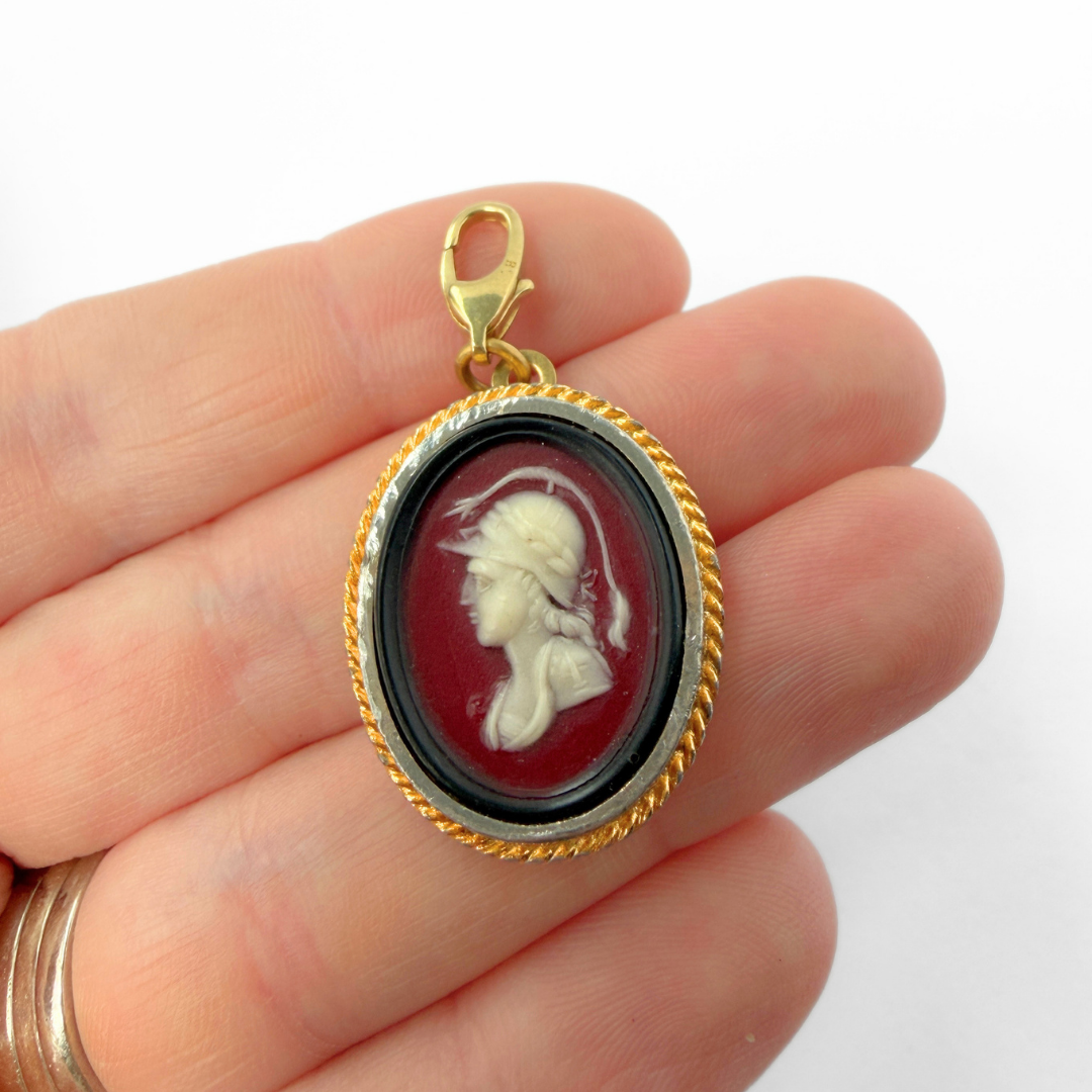 Large vintage burgundy Roman Soldier cameo charm