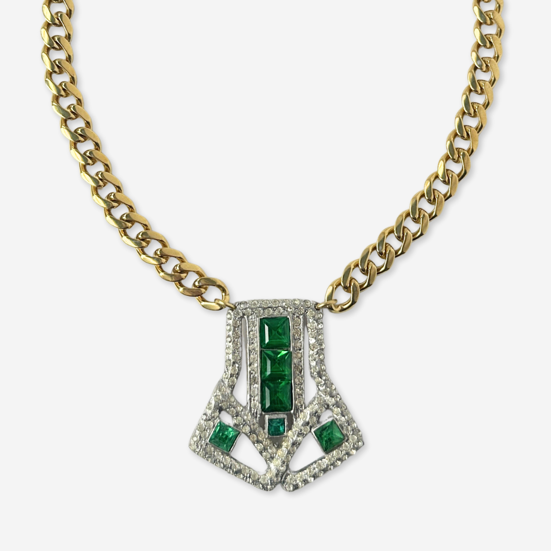 Large refashioned vintage clear and green rhinestone deco pendant necklace