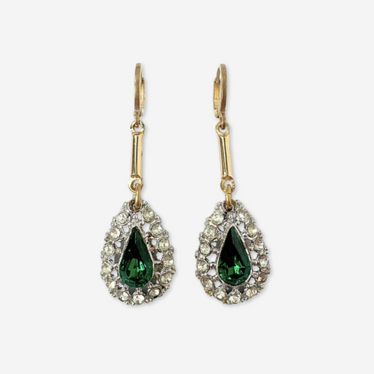 Refashioned vintage clear and green rhinestone teardrop earrings