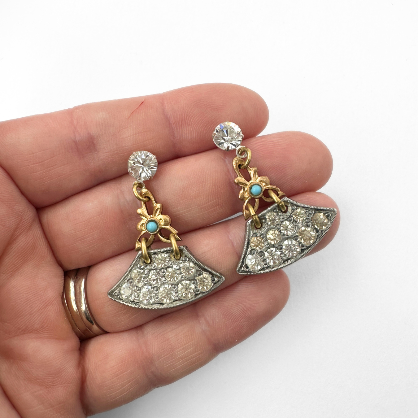 Refashioned vintage clear rhinestone deco earrings with brass and turquoise link