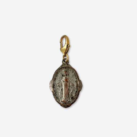 Vintage aged silver tone miraculous medal charm with brass clasp