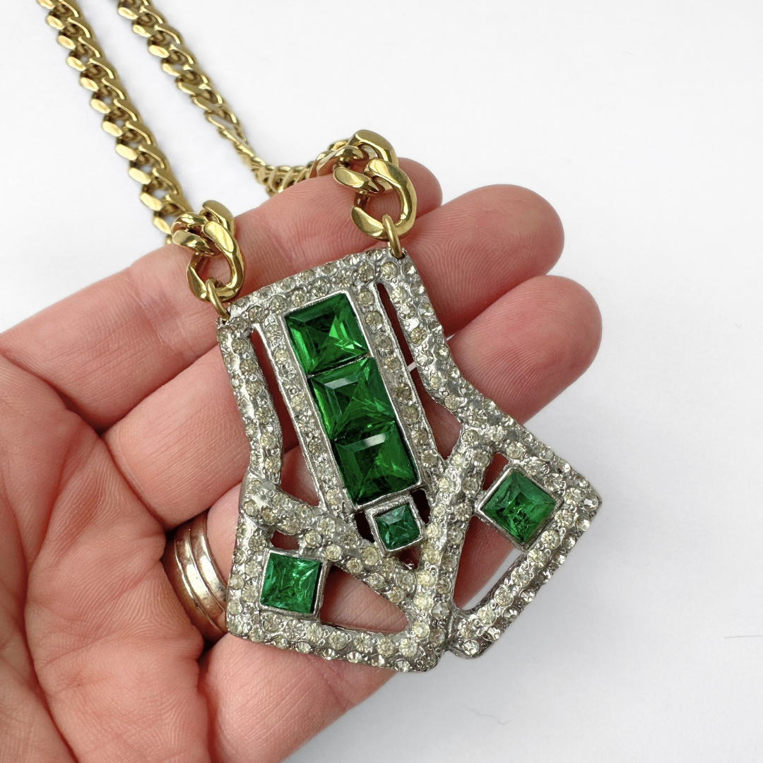 Large refashioned vintage clear and green rhinestone deco pendant necklace