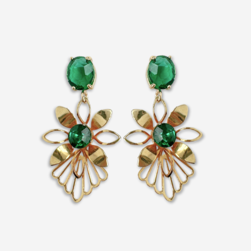 Refashioned vintage gold plated flower earrings with green rhinestone centers