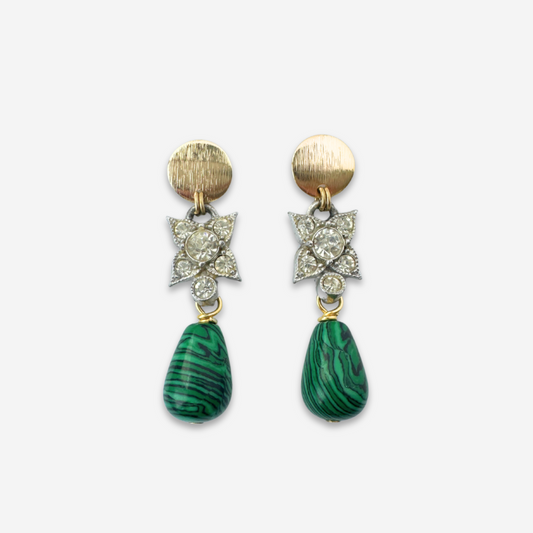 Refashioned vintage rhinestone link earrings with malachite teardrop