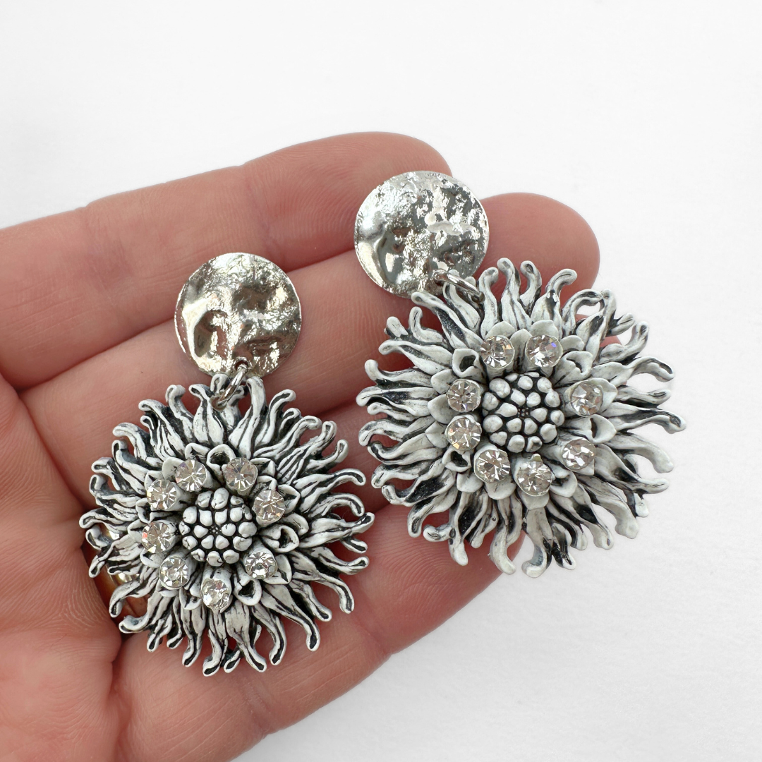 Large refashioned vintage white molded plastic floral earrings