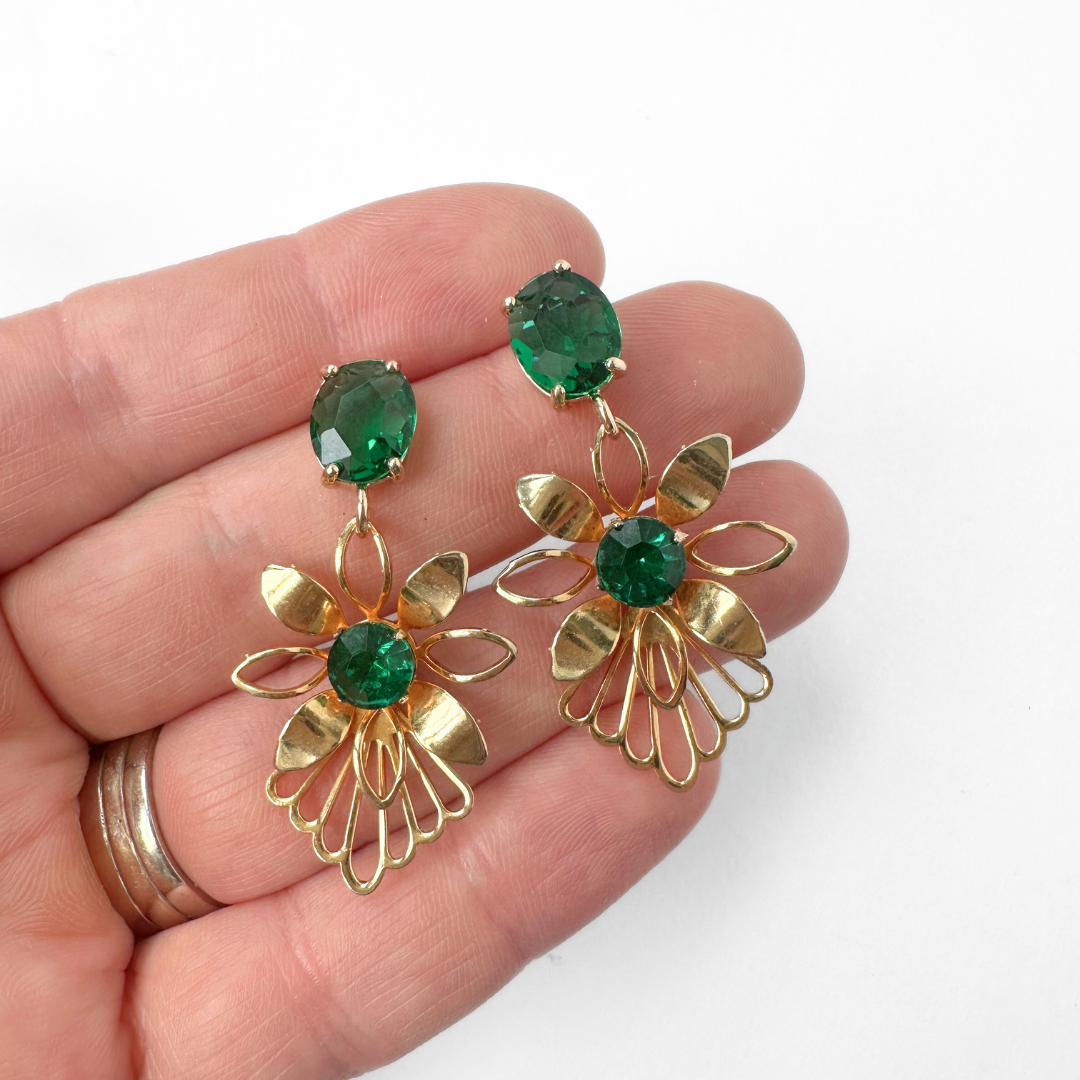 Refashioned vintage gold plated flower earrings with green rhinestone centers