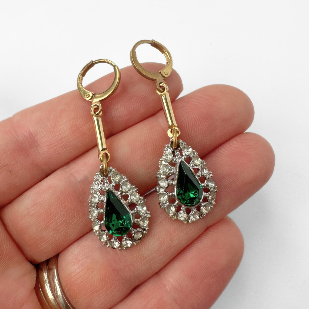 Refashioned vintage clear and green rhinestone teardrop earrings