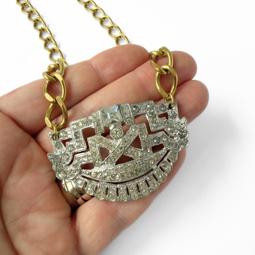 Large refashioned vintage deco rhinestone pendant necklace
