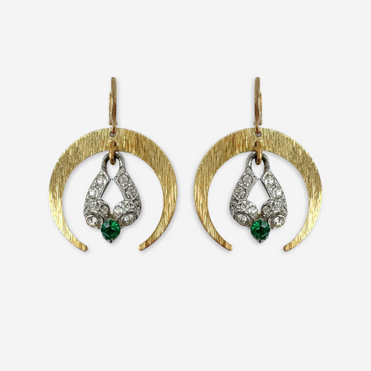 Brass crescent earrings with vintage clear and green rhinestone drops