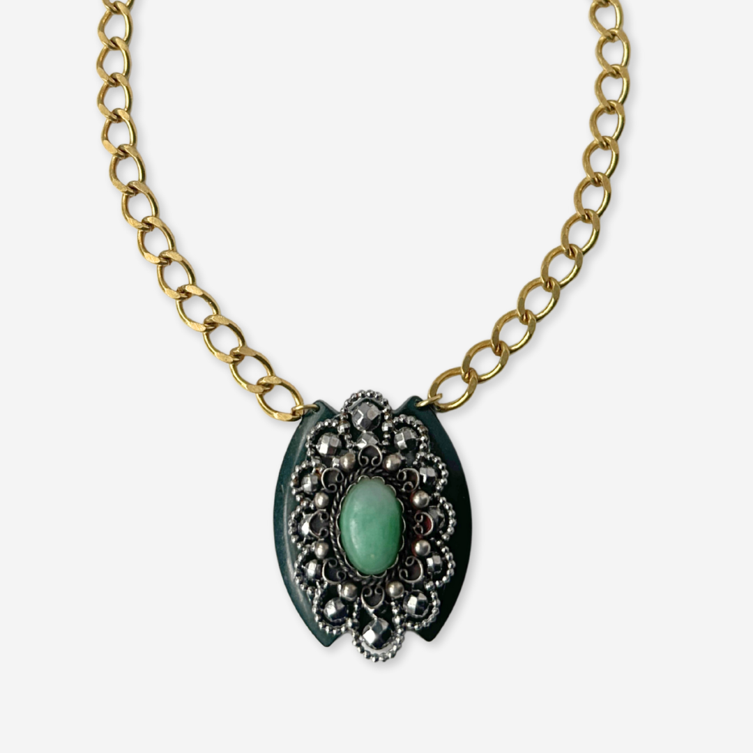 Repurposed Vintage layered green and steel cut buckle assemblage pendant
