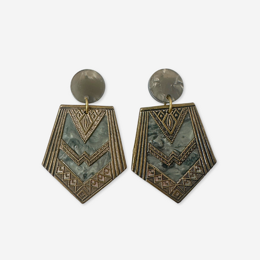 Large Refashioned Vintage Art Deco aged brass statement earrings