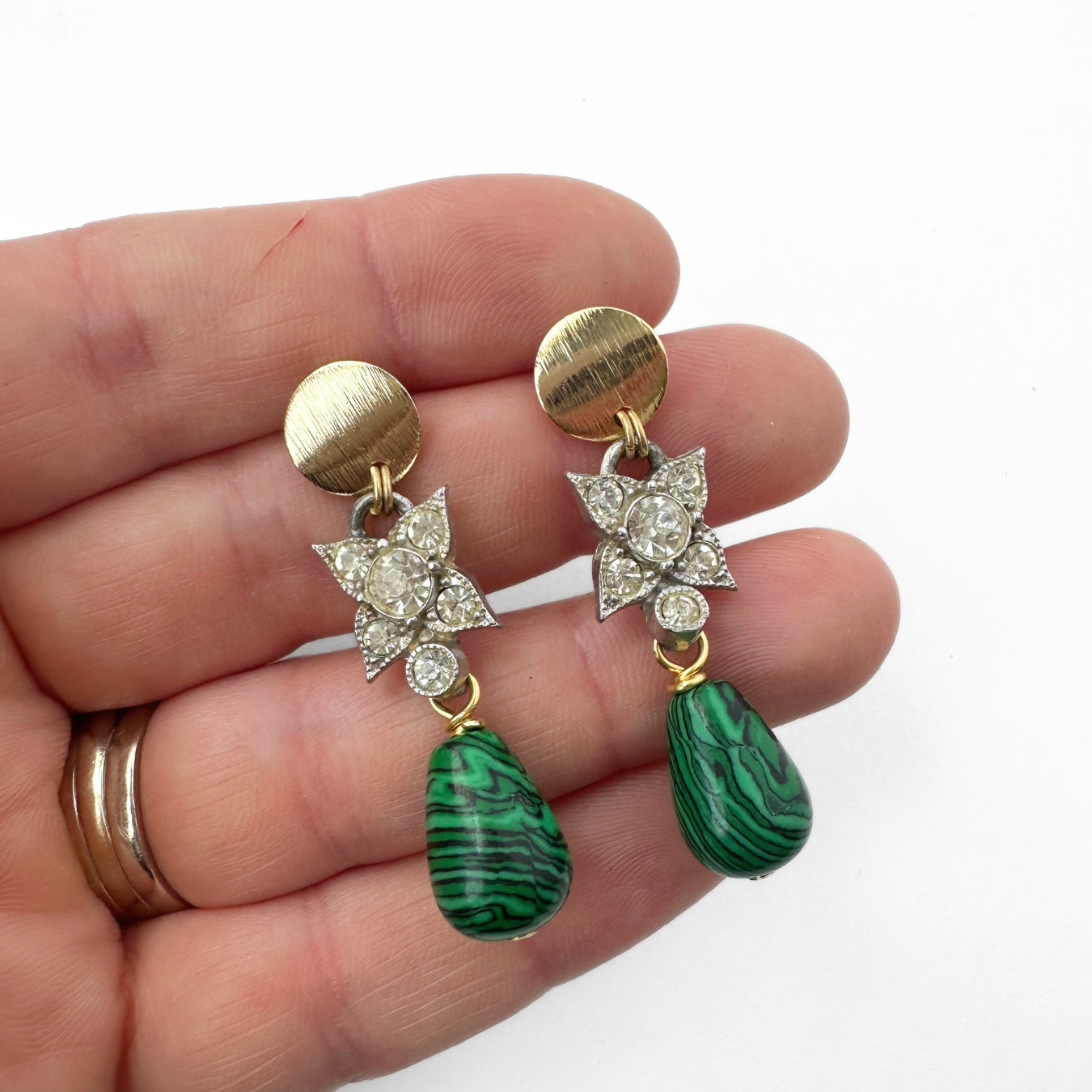 Refashioned vintage rhinestone link earrings with malachite teardrop