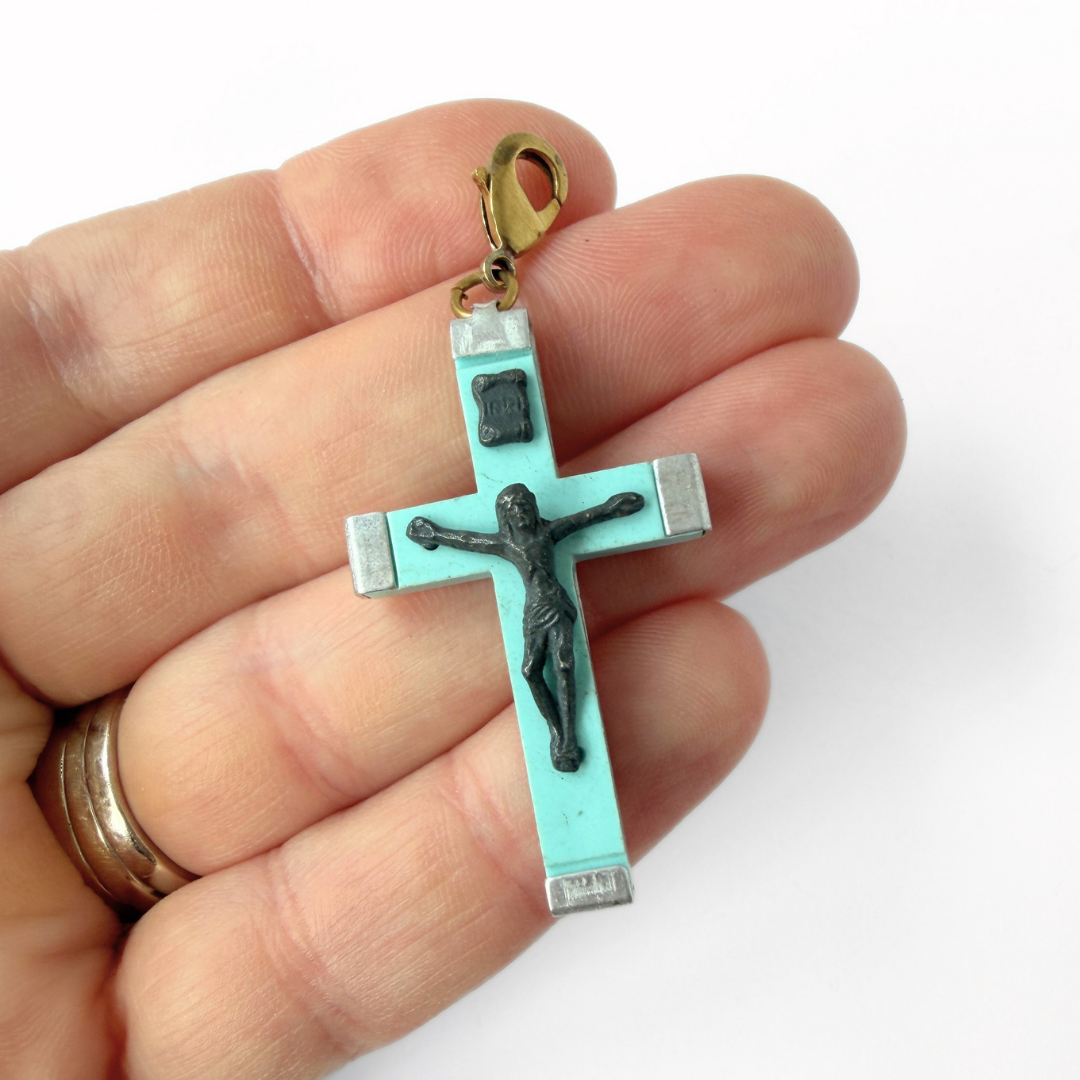 Vintage Italian turquoise blue acrylic cross charm pendant