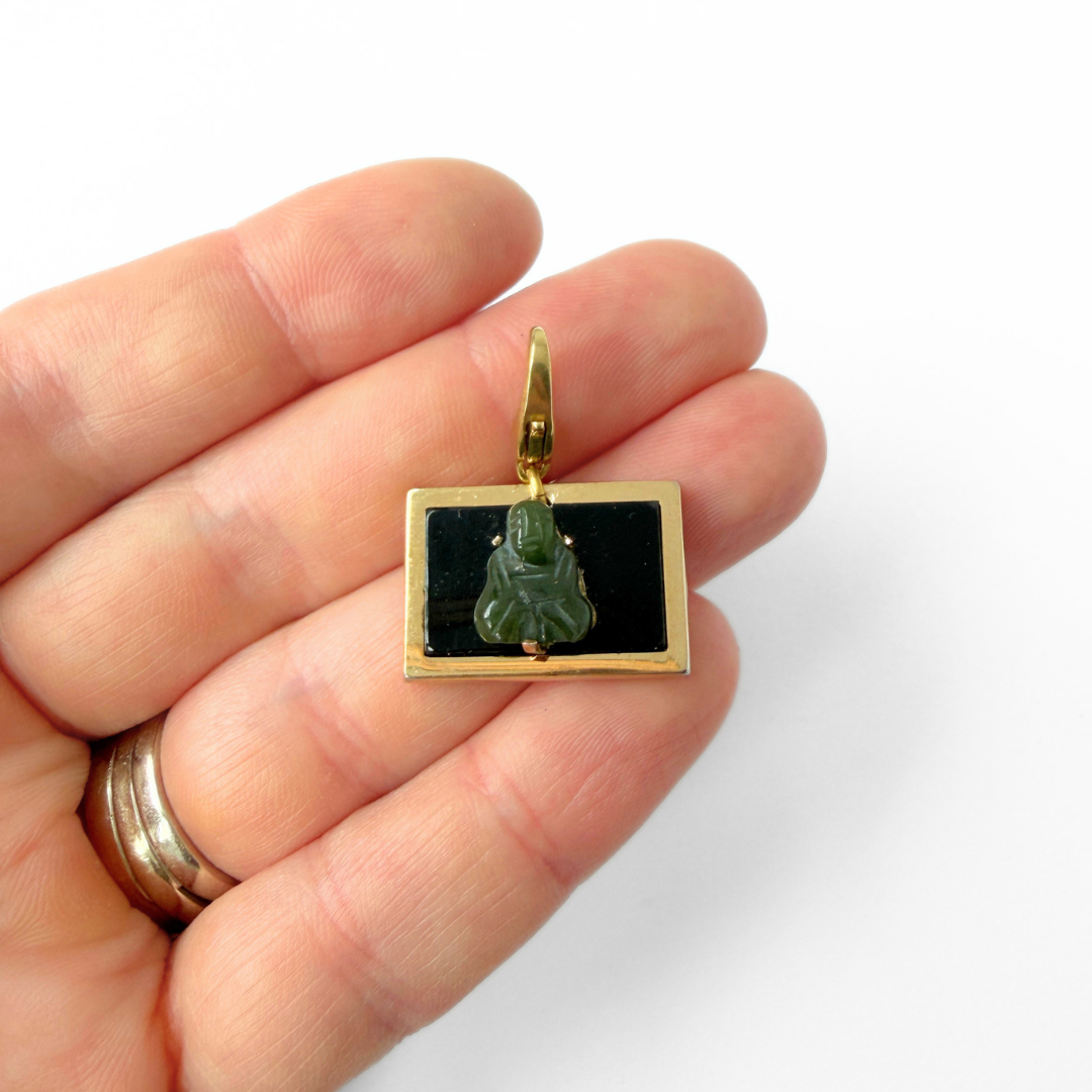 Refashioned vintage black, gold, and jade rectangular Buddha charm