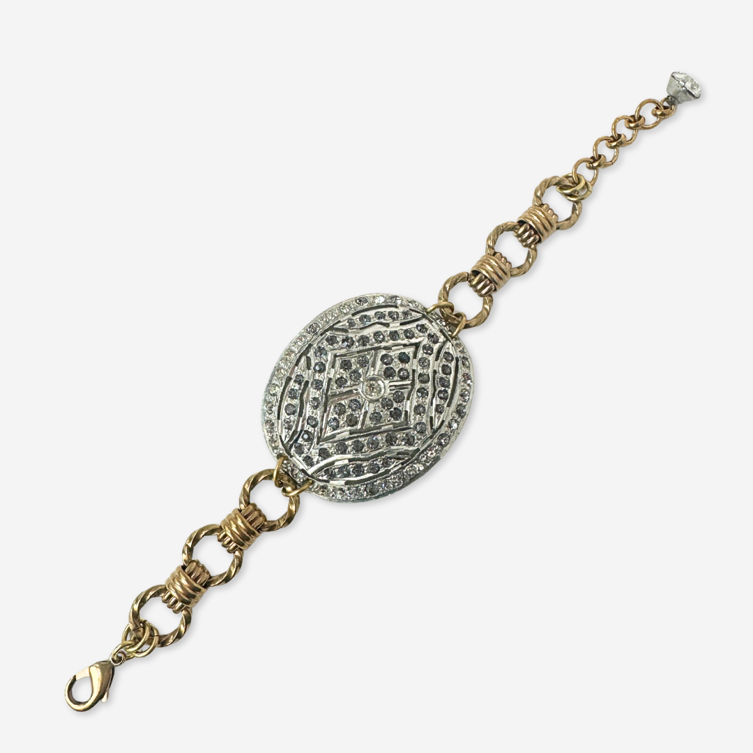Refashioned Antique Rhinestone oval Shoe Buckle bracelet with brass chain