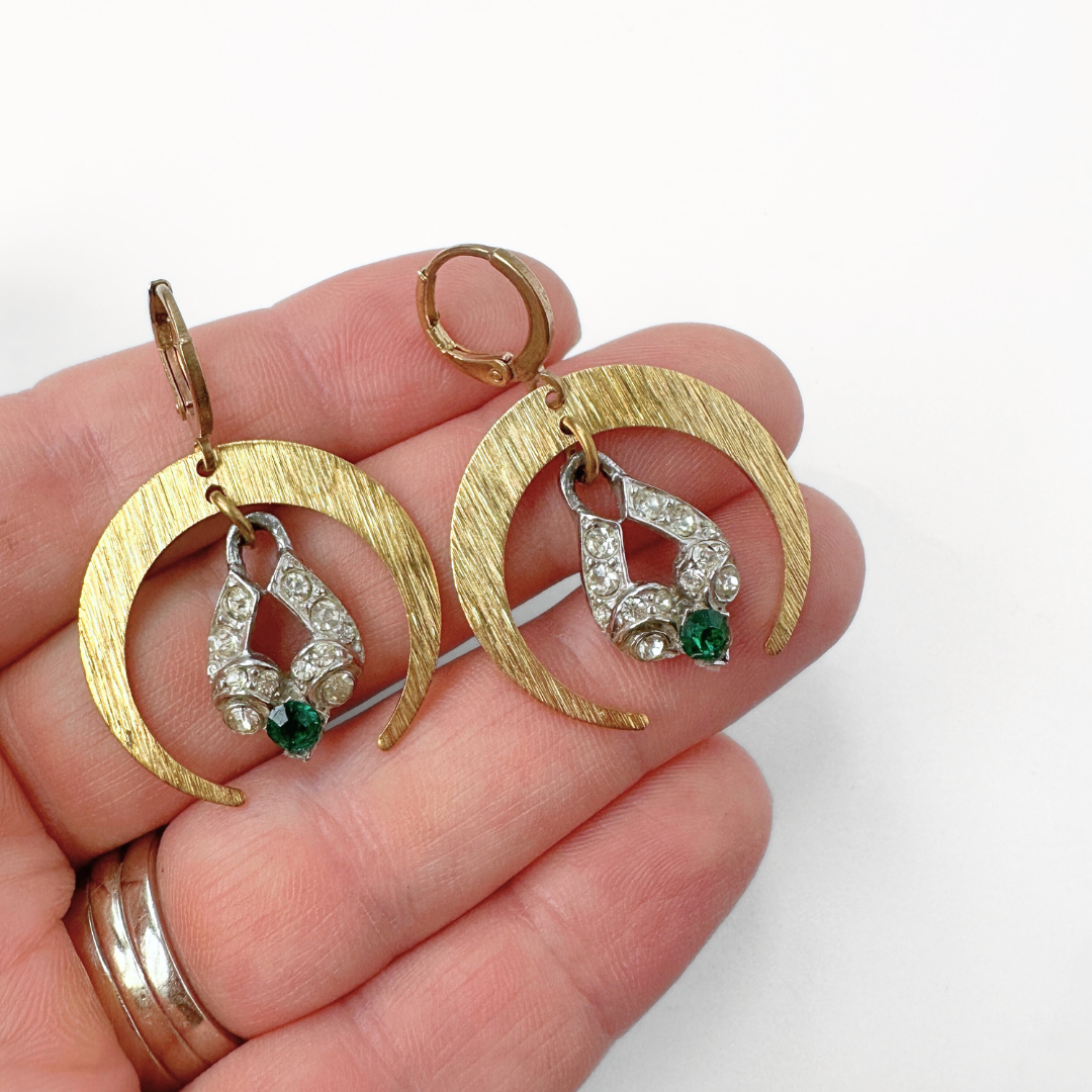 Brass crescent earrings with vintage clear and green rhinestone drops