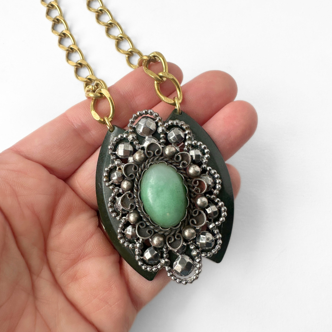 Repurposed Vintage layered green and steel cut buckle assemblage pendant