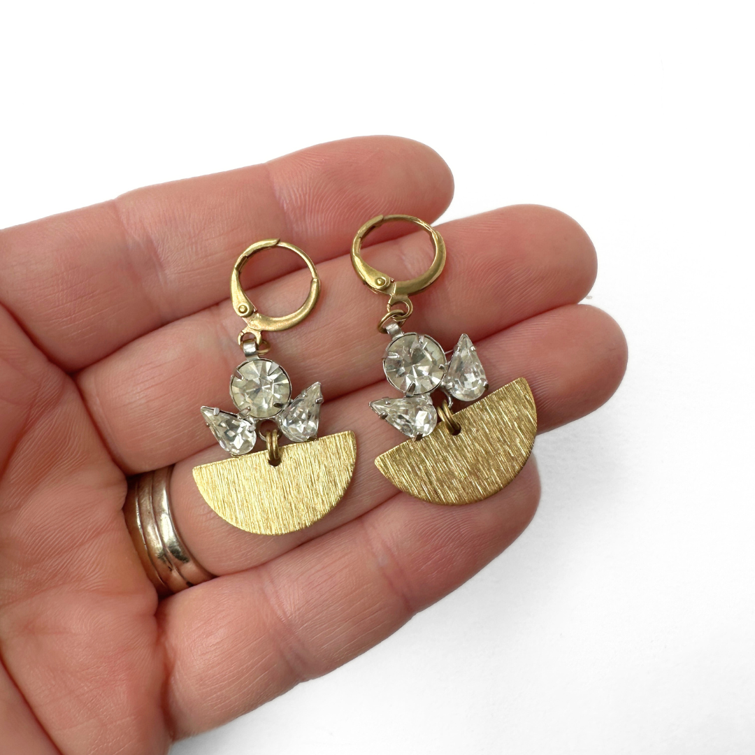 Refashioned vintage clear rhinestone earrings with brass half moon drop