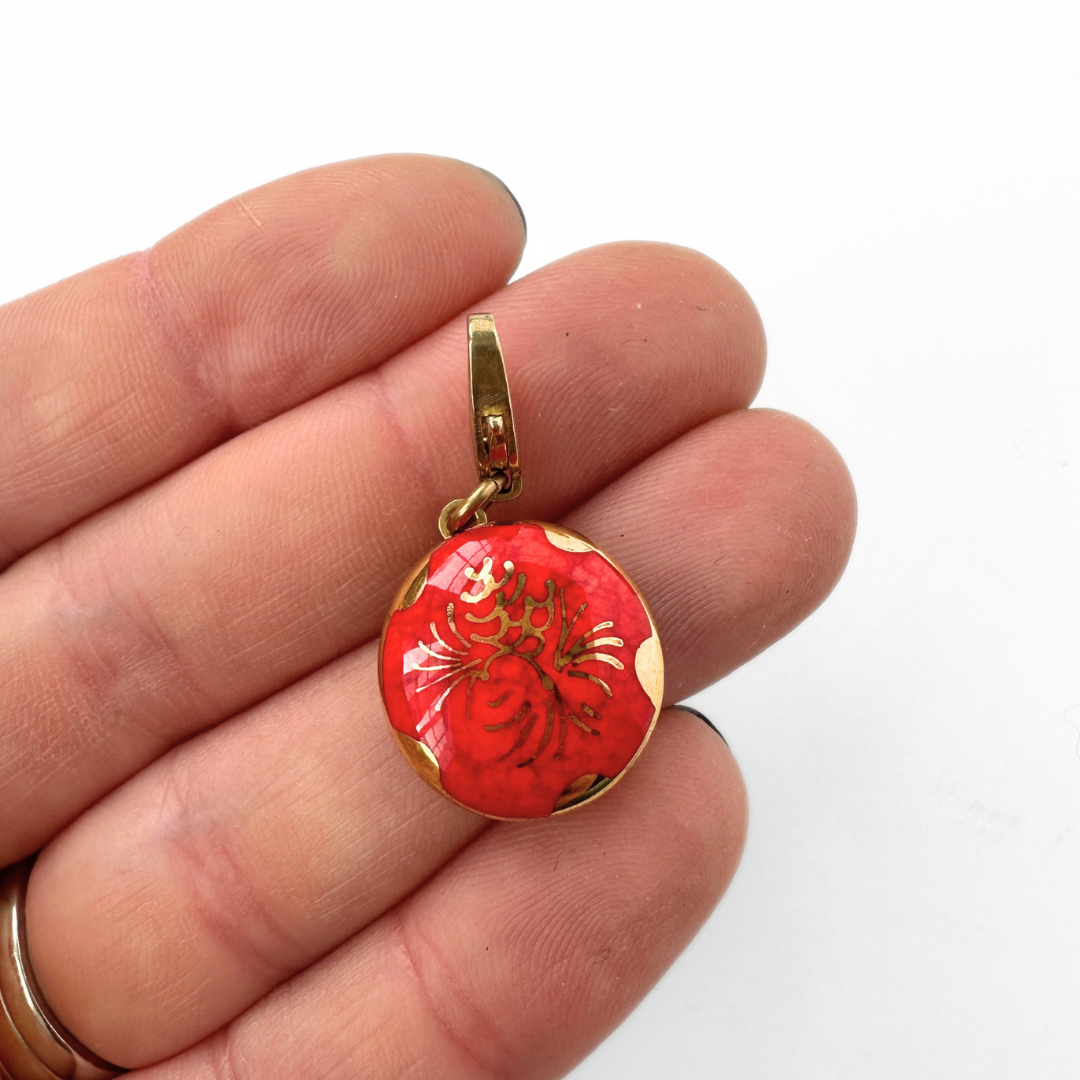 Vintage red and gold glossy ceramic pinecone charm