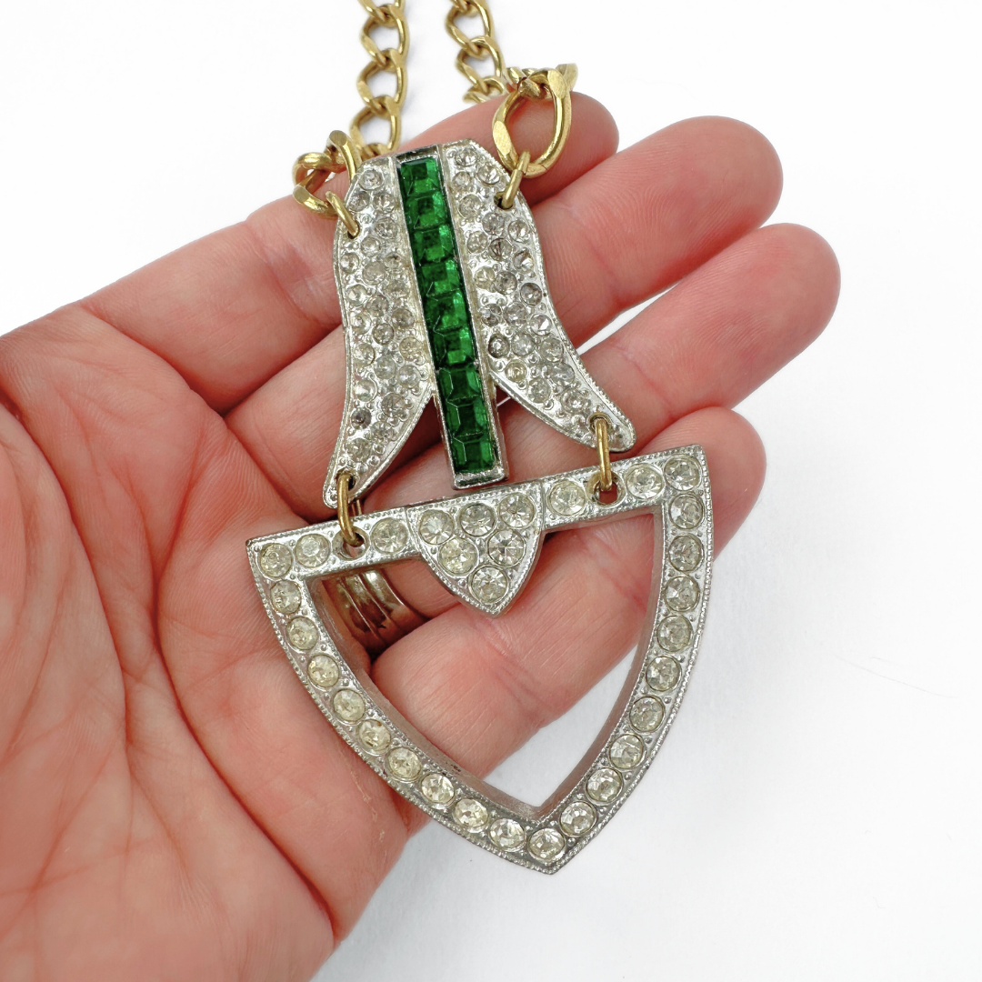 Refashioned vintage clear and emerald rhinestone pendant assemblage necklace