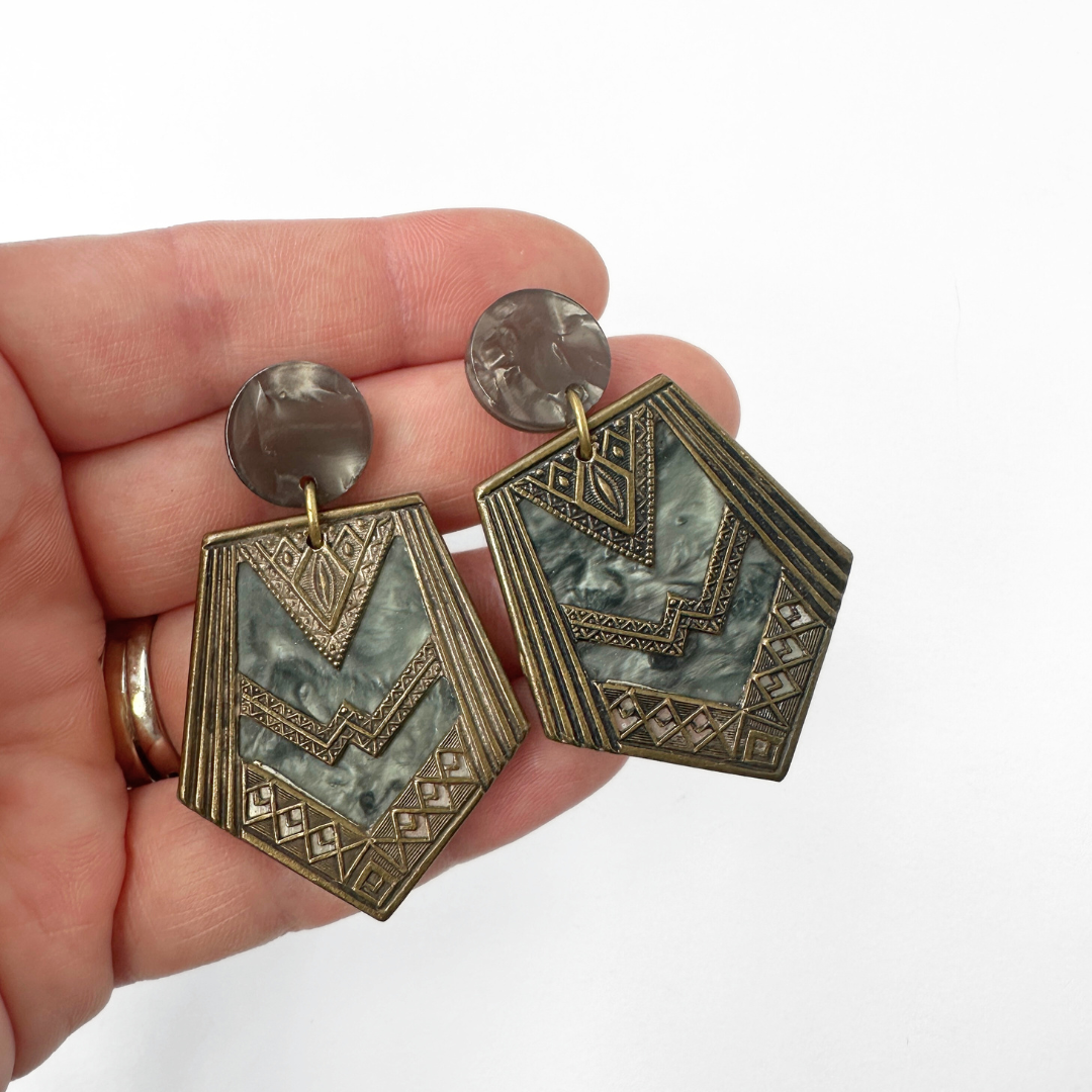 Large Refashioned Vintage Art Deco aged brass statement earrings