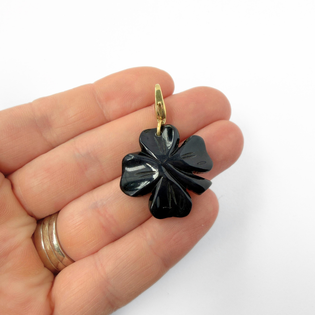Refashioned vintage black carved bakelite clover charm