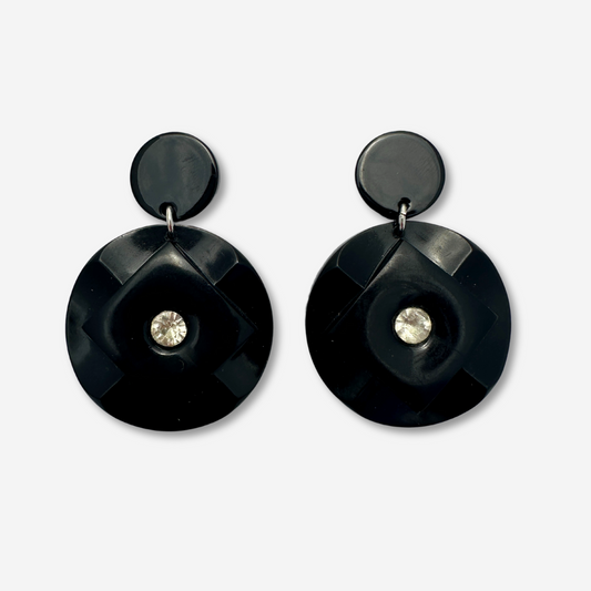 Large vintage black button earrings with rhinestone center