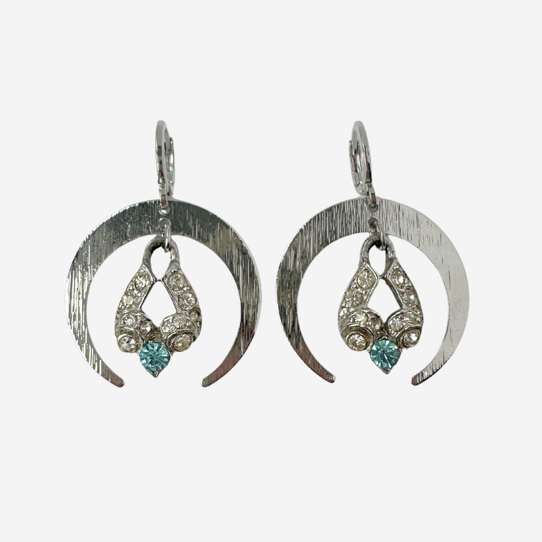 Silver crescent hoop earrings with vintage clear and aqua rhinestone drops