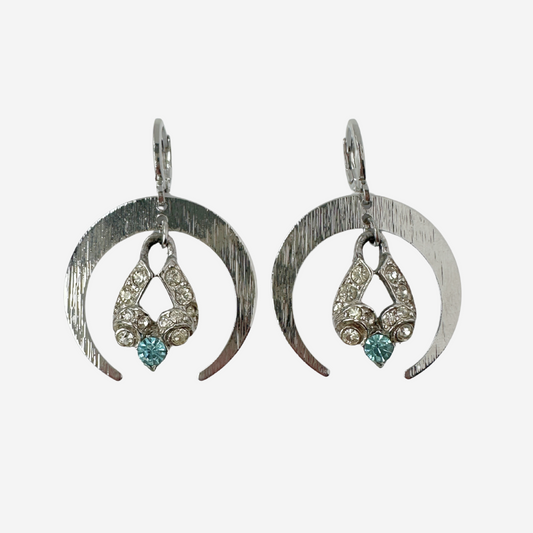 Silver crescent hoop earrings with vintage clear and aqua rhinestone drops