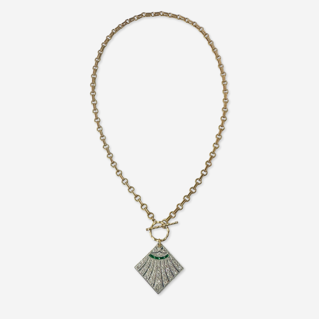 Vintage clear and emerald rhinestone deco pendant with brass chain and toggle