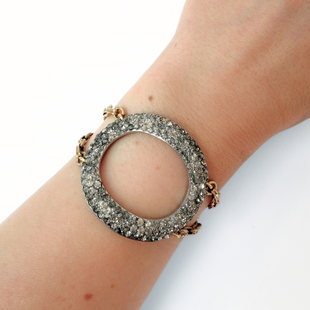Refashioned Antique oval Rhinestone Shoe Buckle bracelet with brass chain