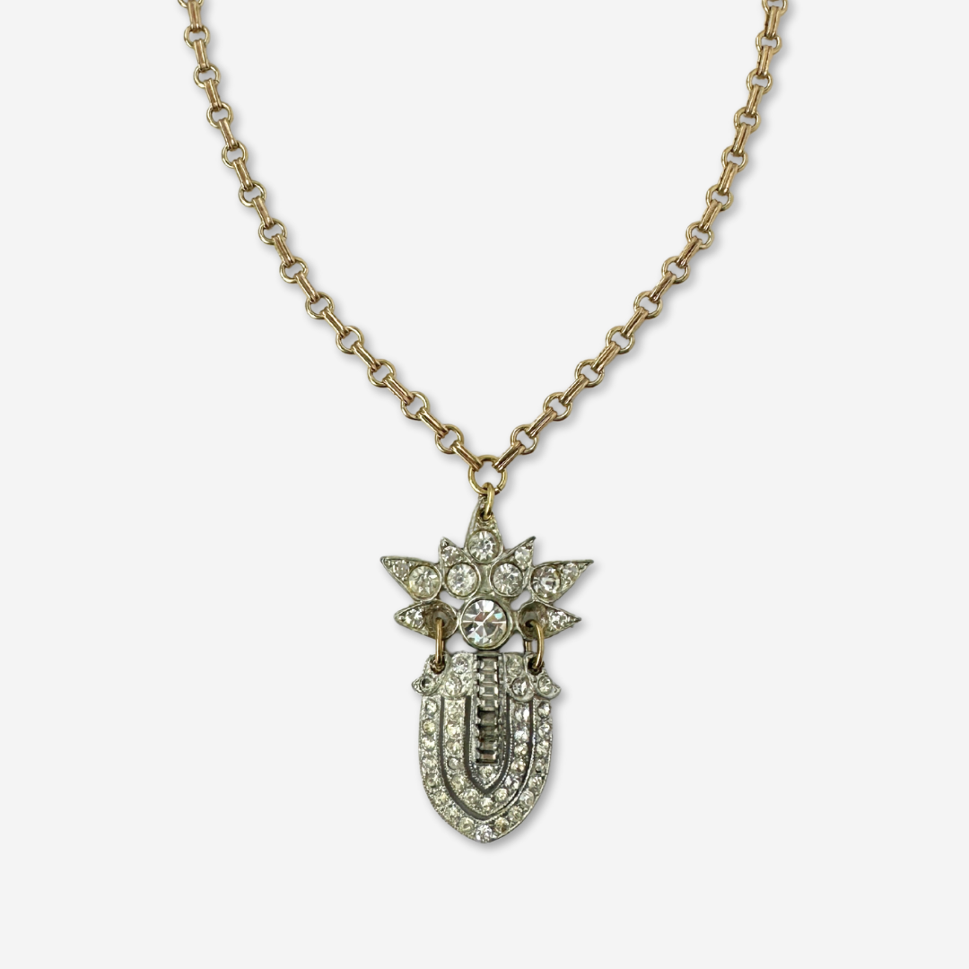 Refashioned 2-pc vintage art deco rhinestone and brass pendant assemblage necklace
