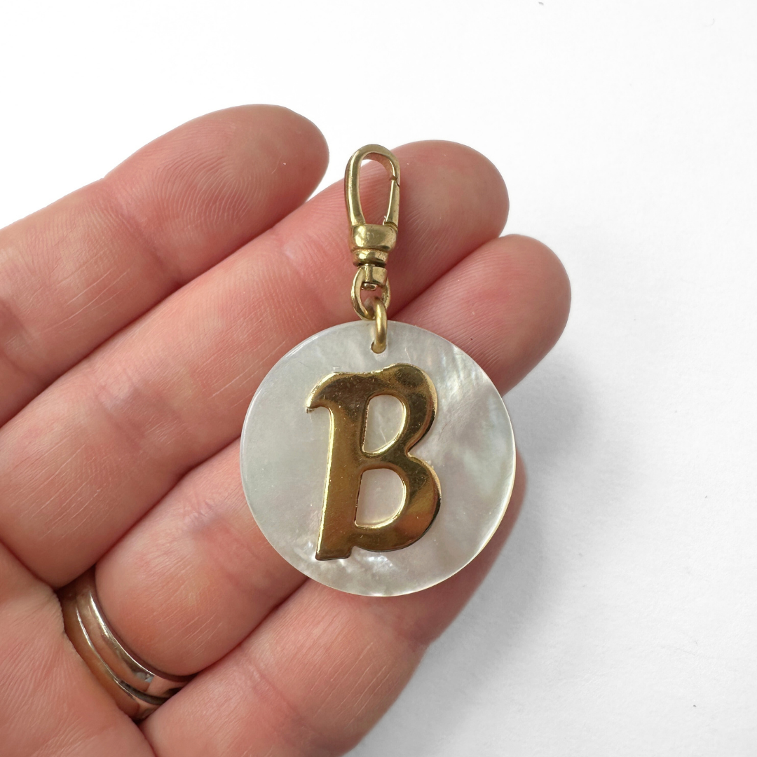 Large vintage mother of pearl and brass "B" circle monogram charm