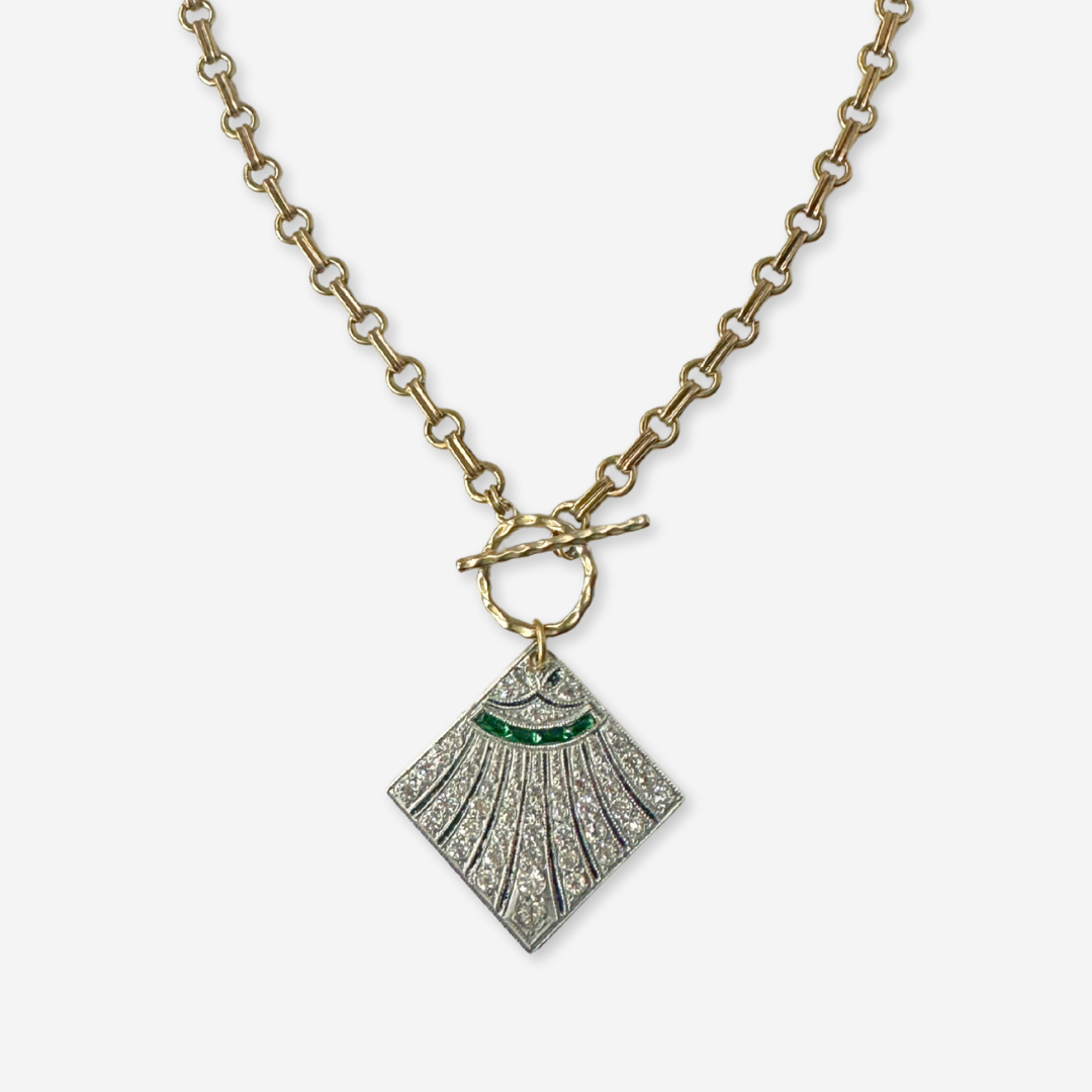Vintage clear and emerald rhinestone deco pendant with brass chain and toggle