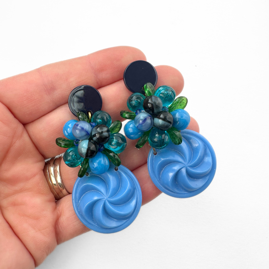 Refashioned vintage blue and green beaded cluster statement earrings
