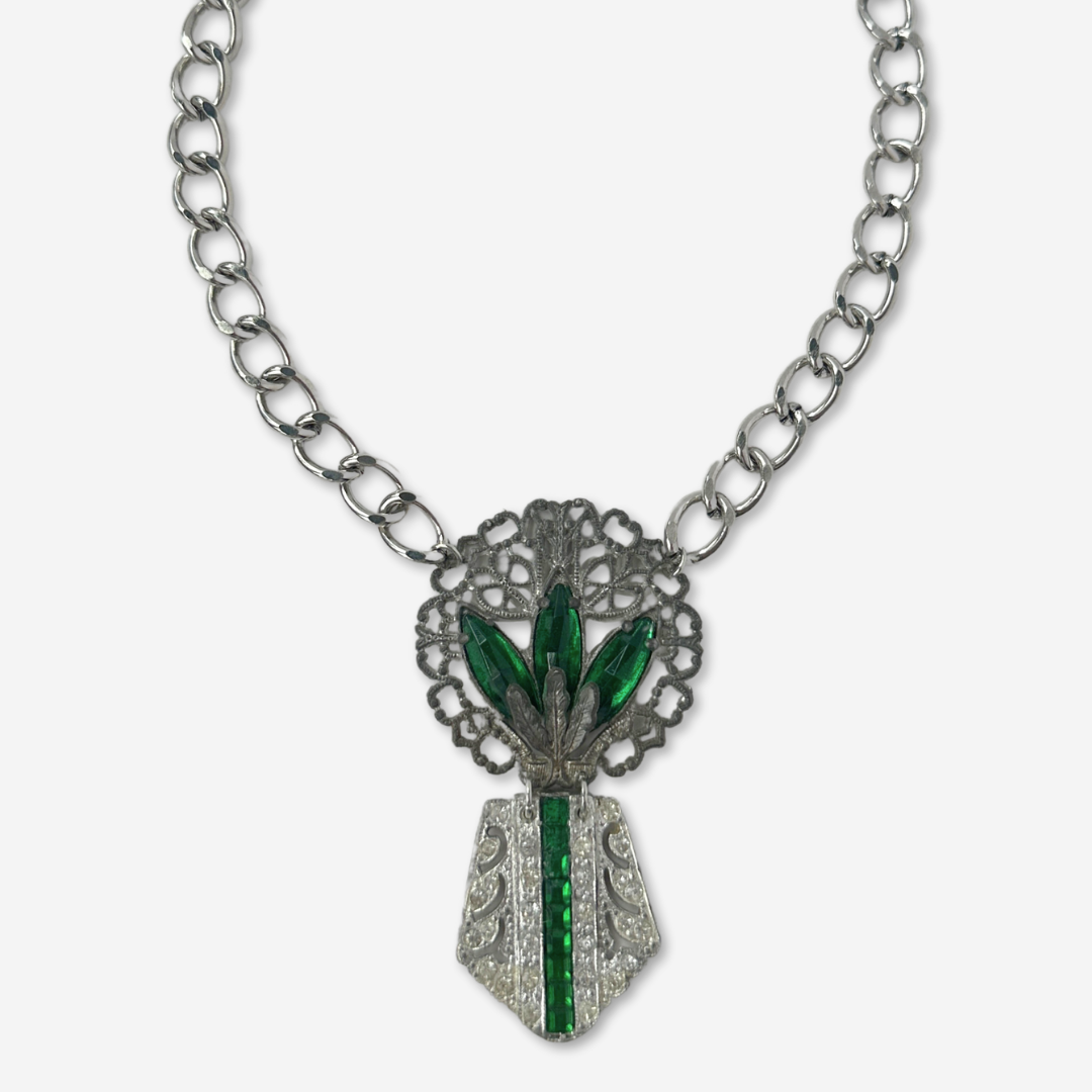 Refashioned vintage silver, clear and emerald rhinestone pendant assemblage necklace