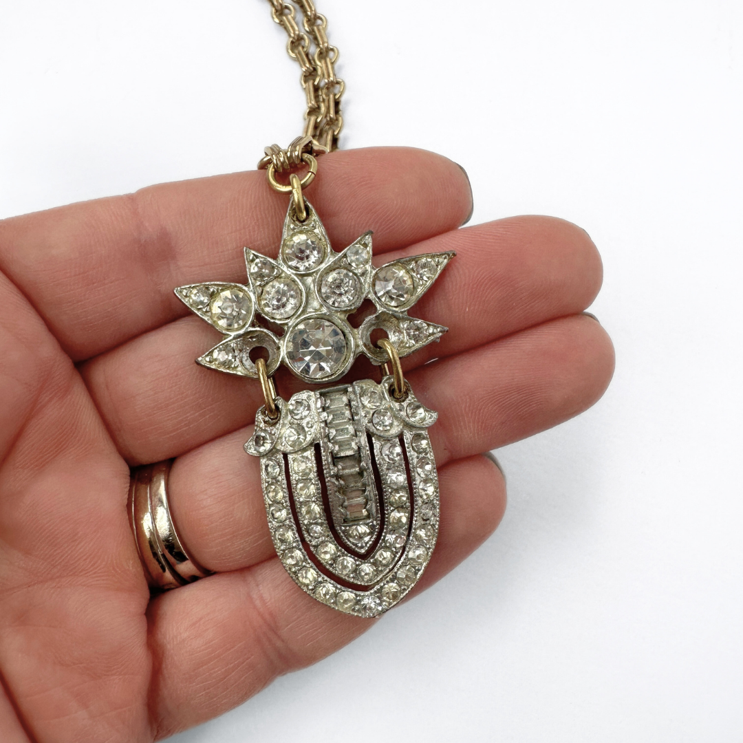 Refashioned 2-pc vintage art deco rhinestone and brass pendant assemblage necklace
