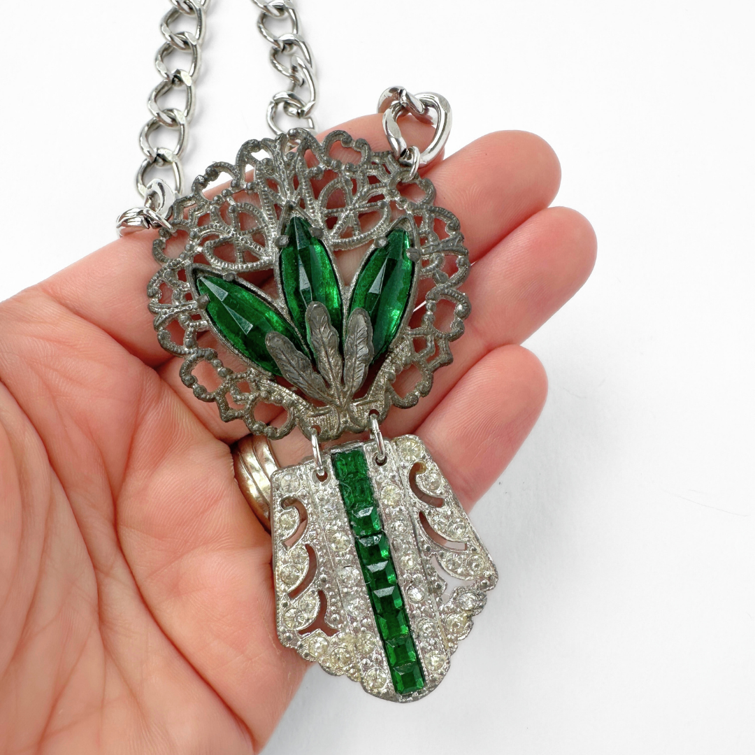 Refashioned vintage silver, clear and emerald rhinestone pendant assemblage necklace