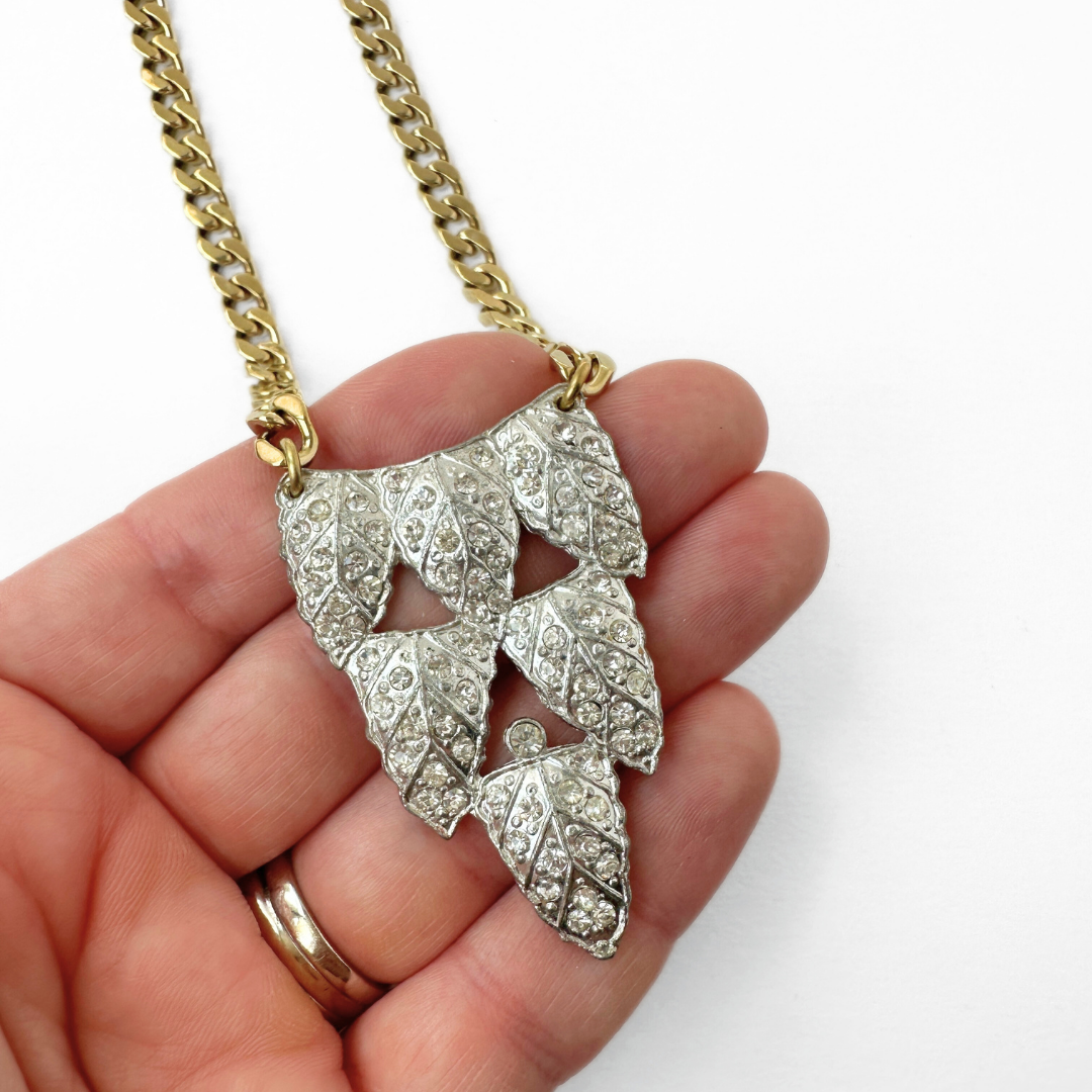 Refashioned vintage rhinestone art deco leaf pendant necklace