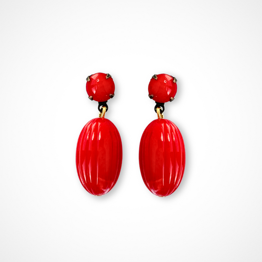 Refashioned red vintage fluted oblong bead earrings with red opaque glass posts