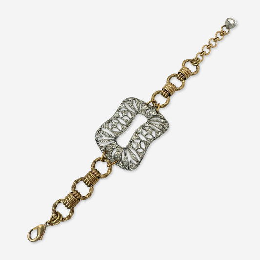 Repurposed vintage Rhinestone pierced shoe buckle bracelet with brass chain