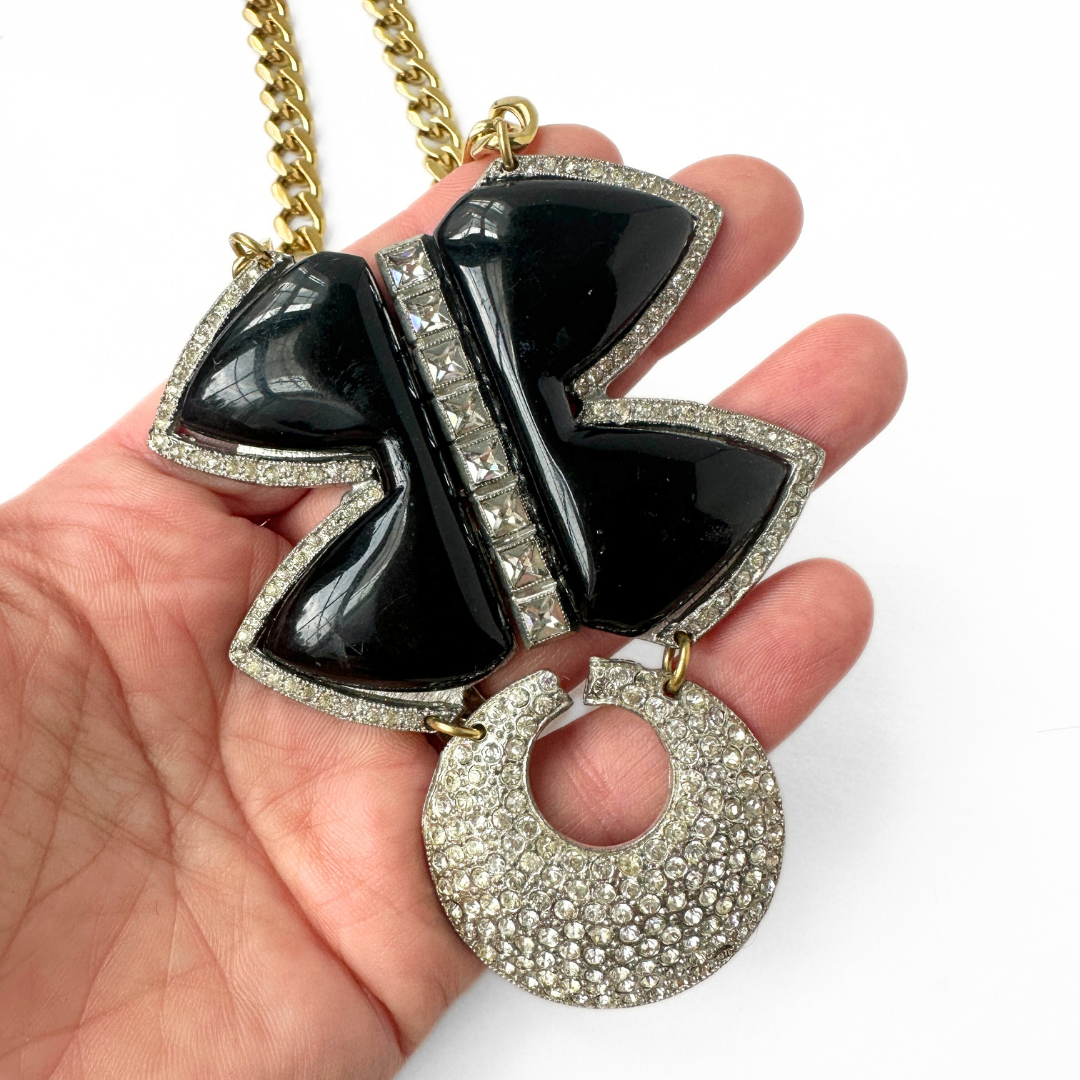 Large refashioned vintage black and clear rhinestone assemblage necklace