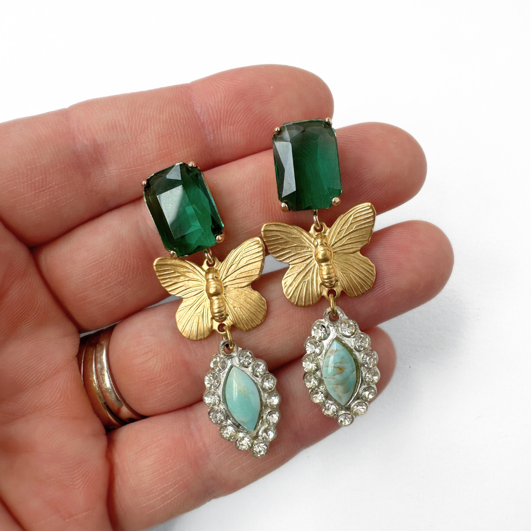 Brass butterfly earrings with vintage turquoise and rhinestone drops and large green post