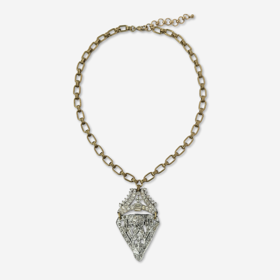 Refashioned 2-pc vintage art deco rhinestone and brass pendant necklace