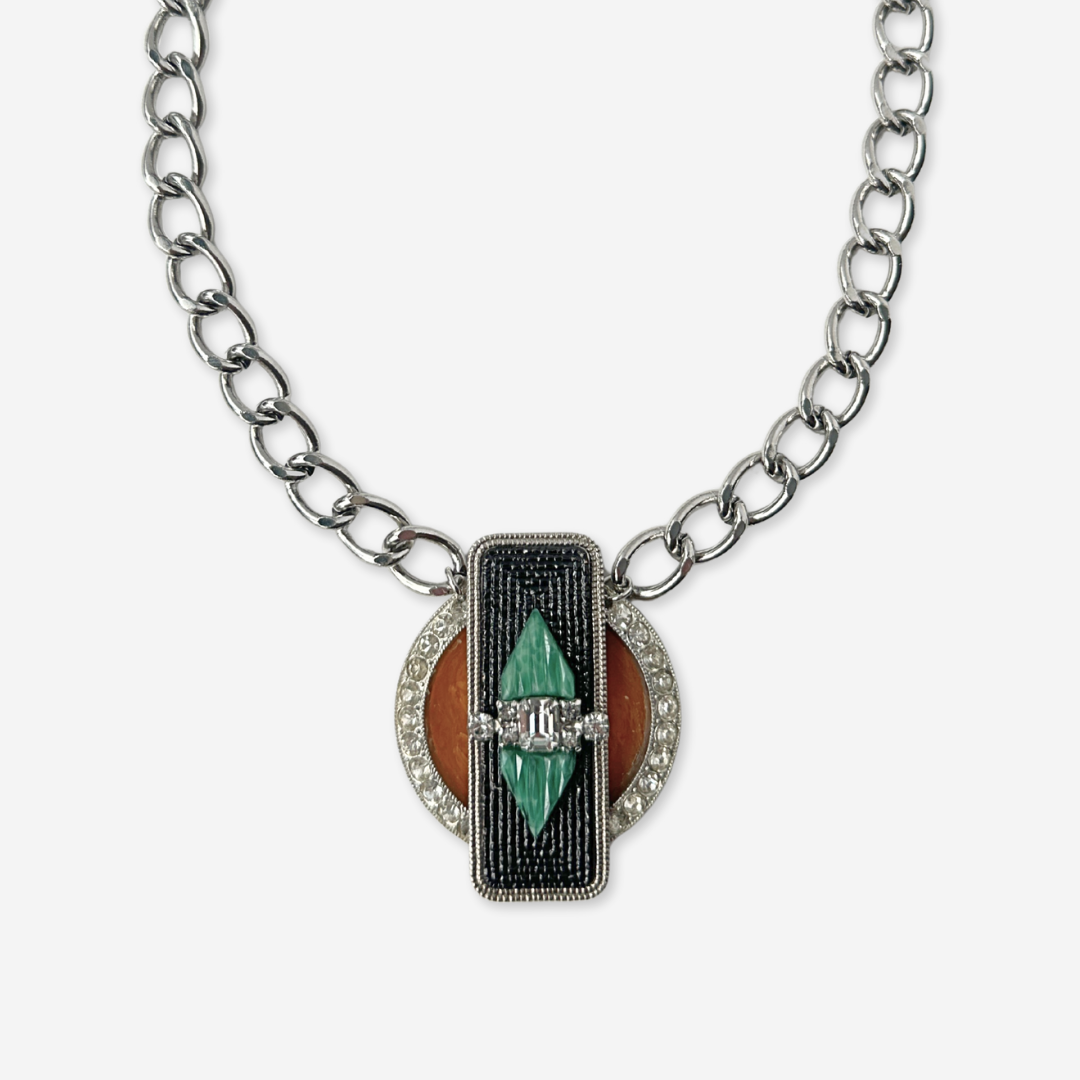 Repurposed Vintage black, green, and butterscotch bakelite rhinestone assemblage necklace