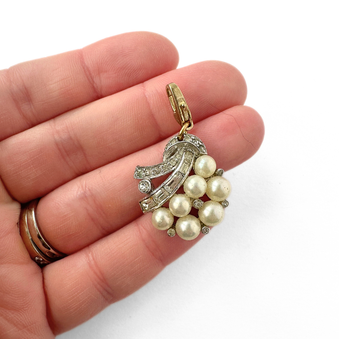 Vintage clear rhinestone and pearl cluster charm
